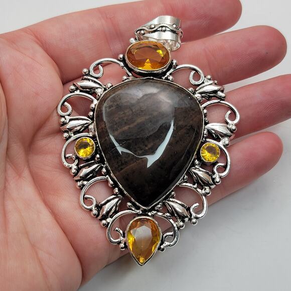 Sterling Silver Bronzite and Citrine Pendant Necklace - 20" Chain - Picture 7 of 7